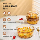 Kuber Industries Pack of 3 Borosilicate Glass Kitchen Containers Set with Airvent Pp Lid | Airtight Round Fridge Storage Boxes for Grains, Pulses, Spices, Snacks | 365ml 580ml 890ml | Light Orange